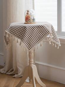Tokoto Coffee Gingham Tablecloth With Tassel Fringe, Farmhouse Cotton Linen Table Cover For Dining Table, Nightstand & Coffee Table Decor, Rustic Boho Plaid Style - Brown - View 5