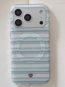 磁吸式韓系簡約配色條紋手機殼,適用於 iPhone 17 Pro Max、16 Pro 新機、15(附蛋糕捲支架)、14 雙層、13 女性款,17 全機身防震保護 - 淺藍色 - 查看 3