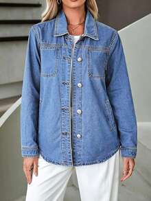 Women's Casual Loose Denim Shirt Jacket With Pockets - Medium Wash - View 2