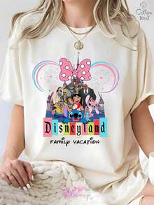Disney Lilo & Stitch "Disneyland Family Vacation" Character Print 100% Cotton Casual T-Shirt, For Womencoords Sets For Women,Conjuntos De Mujer Elegantes - trắng - Xem 1