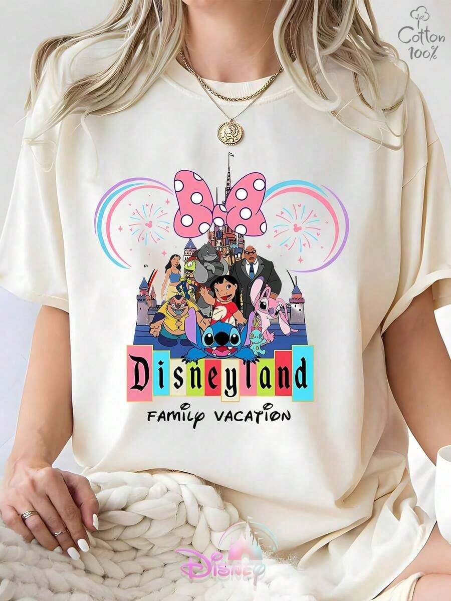 Disney Lilo & Stitch "Disneyland Family Vacation" Character Print 100% Cotton Casual T-Shirt, For Womencoords Sets For Women,Conjuntos De Mujer Elegantes - trắng - Xem 1