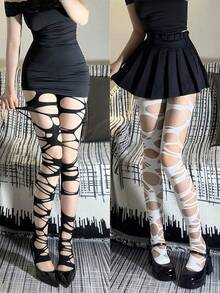 1pc Women's Sexy Punk Distressed Fishnet Tights, Nude-Feel Lolita Gothic Spider Web Black Mesh Soft Elastic High-Waist Pantyhose, Y2K Style - Multicolor - View 4