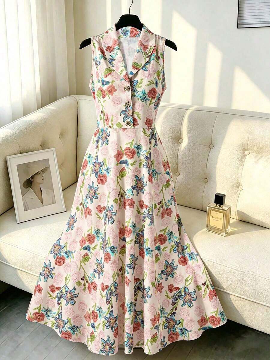 CURVE Vestido casual y elegante sin mangas con estampado tejido y solapa para mujer de talla para el verano - Multicolor - Ver 1