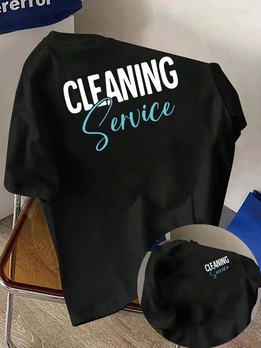 Camiseta de manga corta para mujer con estampado de servicio de limpieza en la parte delantera y trasera, ropa casual elegante para primavera/verano y artículo de moda imprescindible. - Negro - Ver 1
