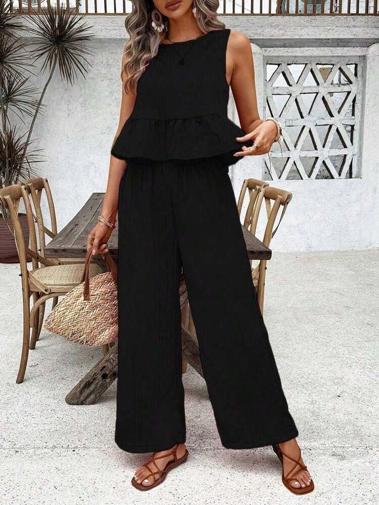 Conjunto casual de 2 piezas con blusa plisada de unicolor y pantalones de pierna ancha para mujer - Negro - Añade 3