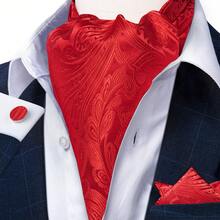 Set de 4 piezas: Elegante corbata jacquard roja tropical, pañuelo de bolsillo, gemelos y anillo de strass plateado, adecuado para bodas y fiestas - Rojo - Ver 4