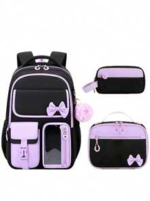 3pcs Detachable Bowknot Girls' Backpack, Tote Bag And Pencil Case, Large Capacity Lightweight Zipper Closure Backpack, Back To School Gift - Three Piece Set - View 1