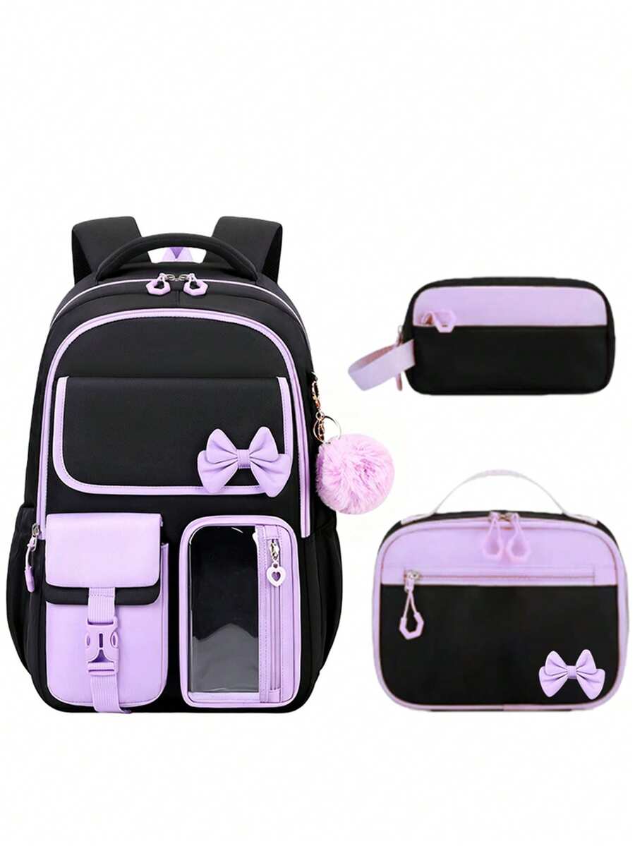 3pcs Detachable Bowknot Girls' Backpack, Tote Bag And Pencil Case, Large Capacity Lightweight Zipper Closure Backpack, Back To School Gift - Three Piece Set - View 1