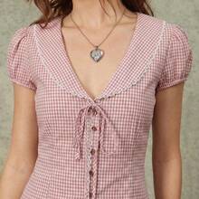 Blusa de estilo babydoll con cuello Peter Pan, manga corta con volantes y abotonadura - Rosa - Ver 9