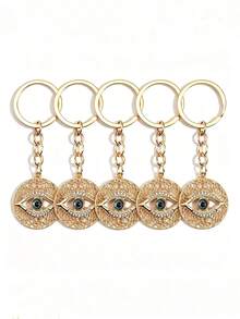 Porte-clés femme haut de gamme à la mode avec pendentif œil maléfique en strass, cordon et anneau de clé de voiture unique - Or-Nouveau - Voir 7
