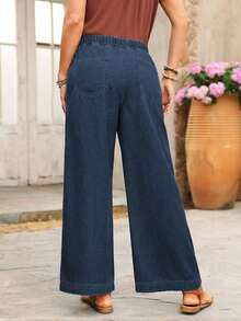 Jeans de pierna ancha con cintura con cordón y bolsillos grandes para mujer - Azul lavado oscuro - Ver 2