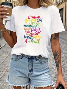 PremiumPlus Size - Talla Grande - Camiseta de Mujer Talla Grande con Estampado Gráfico L'Amour Bonjour Je T'Aime, Manga Corta, Cuello Redondo, Top Casual para Verano y Primavera, Ropa de Mujer Ecológica - Blanco - Ver 1