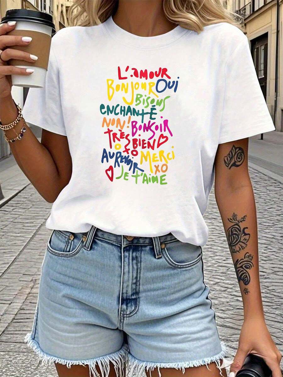 PremiumPlus Size - Talla Grande - Camiseta de Mujer Talla Grande con Estampado Gráfico L'Amour Bonjour Je T'Aime, Manga Corta, Cuello Redondo, Top Casual para Verano y Primavera, Ropa de Mujer Ecológica - Blanco - Ver 1