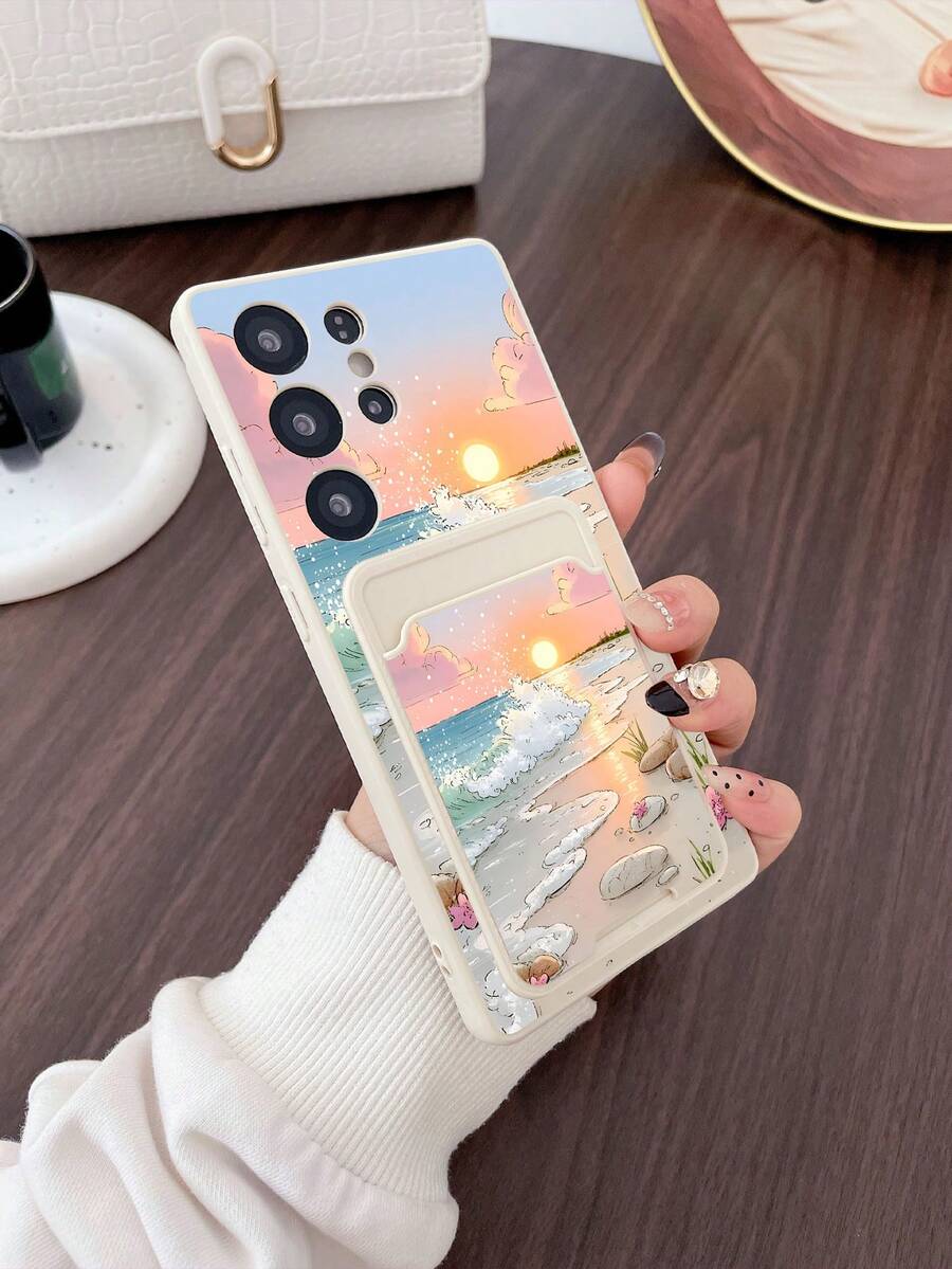 1pc White TPU Phone Case With Sunset Beach Wave Handpainted Pattern, 1pc White Adhesive Card Holder With Sunset Beach Wave Handpainted Pattern, 2-In-1 Set, Healing Fresh Gentle Style, Fashionable Versatile Creative Full-Covered Phone Case, Suitable As Gift For Girlfriend/Boyfriend, Best Friend/Sibling, Wife/Husband, Compatible With Samsung/ Phones, Galaxy S26/S25/S24 Ultra/S24/S23 Ultra/S23 Cases - Multicolor - View 1
