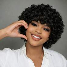Layered Short Loose Curly Pixie Cut Human Hair Wig For Women Black Colored Human Hair Wig With Bangs Remy Peruvian Human Hair Wig Elastic Net Full Machine Made Holiday Wear Party Wear - Natural Black - View 5