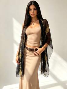 1pc Floral Embroidered & Tie-Dye Scarf, Oversized Shawl, Fashionable & Versatile Solid Color Scarf, Bohemian Style - Black - View 3