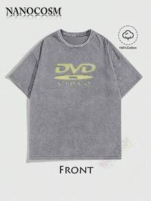 [100% Cotton] DVD Video Nostalgic Green Logo Vintage Gaming Print T-Shirt 2000s Aesthetic Retro Summer Shirt - Unisex Women & Men's Campus Daily Wear - Washed T - Grey - 查看 1