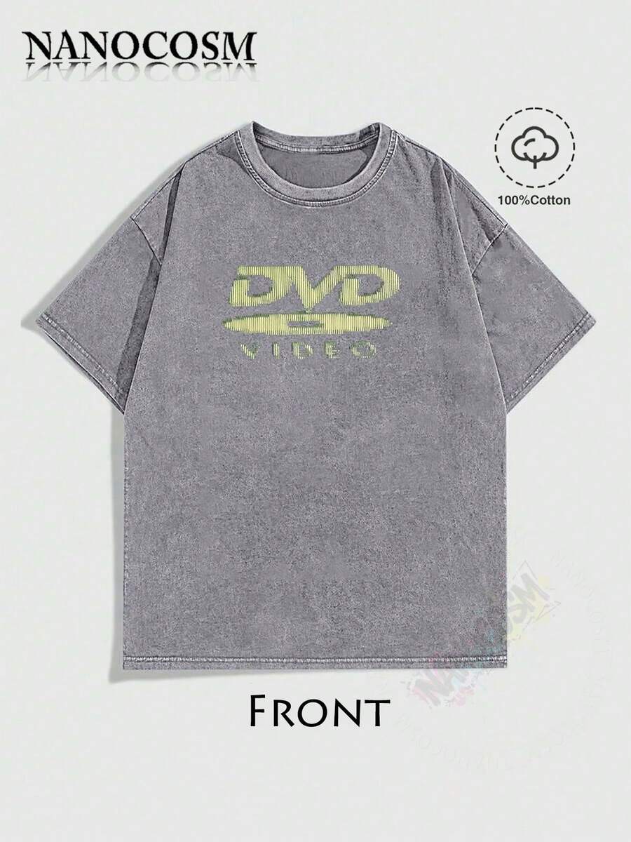 [100% Cotton] DVD Video Nostalgic Green Logo Vintage Gaming Print T-Shirt 2000s Aesthetic Retro Summer Shirt - Unisex Women & Men's Campus Daily Wear - Washed T - Grey - 查看 1