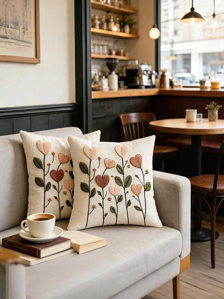 Bộ 1/2/4 vỏ gối trang trí hình trái tim họa tiết hoa, in hai mặt với hoa và lá thêu màu pastel, chất liệu vải polyester bền chắc, khóa kéo, trang trí sofa, điểm nhấn phòng ngủ, nghệ thuật phòng khách, quà tặng Valentine, nhà cửa lãng mạn, trang trí mùa xuân, quà kỷ niệm, không bao gồm ruột gối. - Nhiều màu - Xem 7
