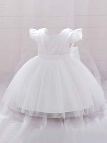 Baby Girls Mesh Back Bow Tutu Elegant Princess Flower Girl Dress, Suitable For Parties, Headband Not Included - White - View 8