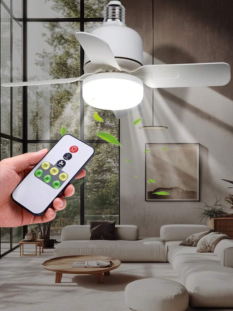CanLing 20W LED 靜音吸頂風扇燈 附遙控器,E27/E26 可拆卸風扇葉片,3段速定時調光可調風量,嵌入式吊燈燈泡 110V/220V,適用於居家客廳、臥室、書房、廚房、辦公室、學生宿舍、書桌、上下舖、帳篷、棚屋,護眼無閃爍柔光,冷白色,低噪音無刷馬達,夏季涼爽小風扇 AC86-265V - Fan Light Bulb - 查看 1