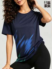 mulinsen 女款快乾 T-shirt，冰絲圓領短袖，彈性吸汗快乾運動上衣，跑步快乾上衣 - 藏蓝色 - 查看 7
