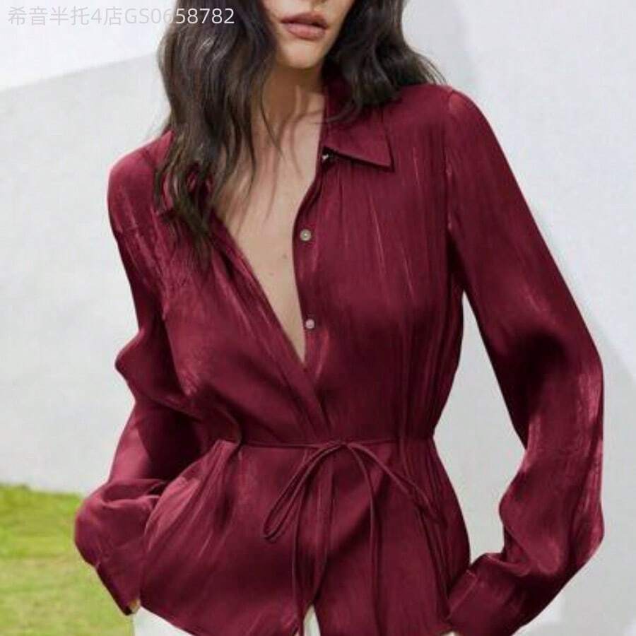 Fengyu Women's Clothing Store  Nueva blusa elegante y versátil para mujer, diseño sencillo y elegante con un cinturón de satén brillante, manga larga con cuello, silueta favorecedora de la cintura ceñida - Burdeos - Ver 1