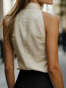 Frühling Sommer Herbst Damenhemd, einfarbig elegant ärmellos Pendeln elegant elegant Bluse Hemd, elegante Damenbekleidung - Aprikosenfarben - Übersicht 2