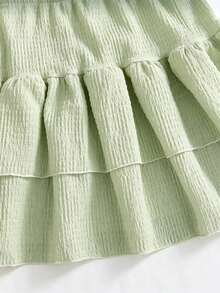 Girls' Summer 2 Pieces Set Yellow Pleated Knit Asymmetrical Shoulder Top + Multi-Layer Ruffle Skirt Set, Suitable For Summer Outdoor Casual Gatherings, Machine Washable - Mint Green - View 7