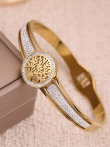 1pc Vintage Tree Pattern Gold-Tone Stainless Steel Bracelet With Rhinestones For Women - Yellow Gold - View 6