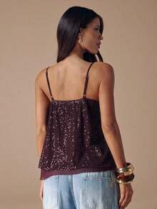 2026 Top de mujer con tirantes de lentejuelas de color marrón oscuro con cuello en V profundo y unicolor, camiseta interior de mujer con lentejuelas, camiseta interior de otoño/invierno, para ocasiones de fiesta y cóctel - Blanco 2 - Ver 9
