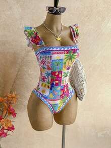 Women's Colorful Tropical Bird & Floral Print Square Neck Cap Sleeve One-Piece Swimsuit, Suitable For Beach Vacation Summer - Multicolor 2 - View 11