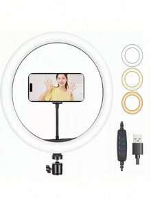 Professional 10-Inch LED Ring Light With Mobile Phone Holder And 3 Light Adjustment Modes - A - View 2