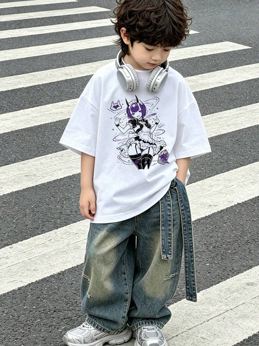 Camiseta informal de manga corta y cuello redondo para niño suave con estampado de anime de doncella, ideal para primavera y verano.Black - Blanco - Ver 1