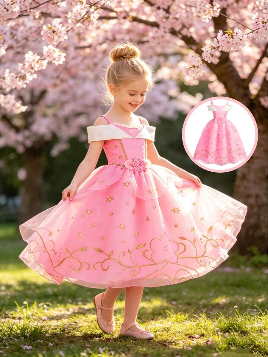 فستان أميرة بحمالات رفيعة وكتف مكشوف، زي للعب الأدوار في الكرنفال للفتيات الصغيرات باللون الوردي - وردي - مشاهدة 1