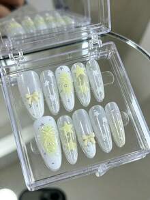 Summer New 10pcs Handmade Long Pointed Press-On Nails, Soft Cream Yellow Gradient Fake Nails, Glitter Transparent Base, 3D Cream Bow, Large & Small Star Sequins & Tiny Flower Sequins Decoration, Includes Jelly Glue & Nail File - Follow Your Heart - View 4