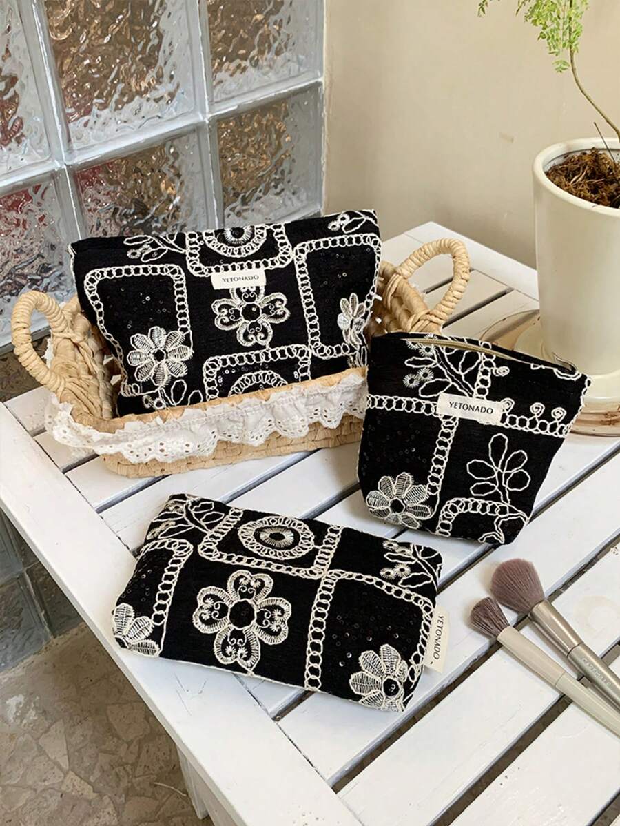 1件/套 黑白提花刺繡女款女孩化妝包,便攜大容量拉鍊化妝收納袋,適合旅行與度假必需品,可收納衛生棉、鑰匙、髮飾、充電器、口紅、化妝品、香水、化妝刷、護膚品與美容產品,適合女性、學生、女學生,生日禮物、朋友禮物、節日禮物 - 黑與白 - 查看 1