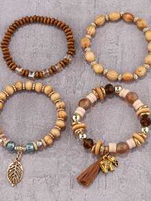 Bộ 4 vòng tay phong cách Bohemian mặt lá và voi, hạt gỗ, tua rua - Màu cà phê - Xem 3