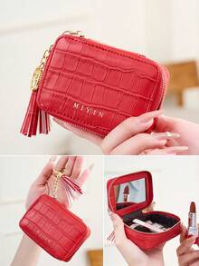 FOREVER MIYIN 1pc Crocodile Pattern Mini Cosmetic & Jewelry Storage Box, Built-In Mirror And Keychain, Zipper Closure, Lipstick Storage Bag, Cosmetic Organizer, Portable Compact Travel Makeup Bag, Suitable For Women's Daily Use, Outdoor Travel And Girls' Carry, Valentine's Day Gift, Mother's Gift, Girlfriend Gift - Multicolor - View 9