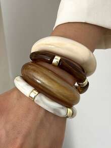 4pcs/Set Vintage Minimalist Elegant Resin Acrylic Brown Elastic Bracelet Set For Women, Suitable For Daily, Party, Valentine's Day, Dating, Holiday Gift, Stackable, 2026 New Arrival - Multicolor - View 12
