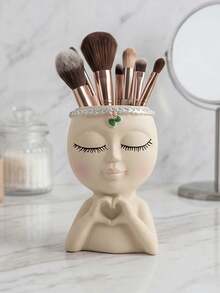 Cute Face-Shaped Makeup Brush Holder, Suitable For Vanity Tabletop | Decorative Desktop Storage Box, Can Hold Brushes, Pencils, Cosmetics | Japanese Cute Beauty Stationery Organizer | Aesthetic Room Desk Decor - Multicolor - View 8