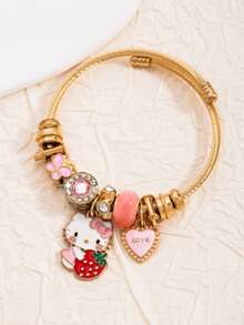 1pc Fashionable Cute Cat Bracelet Beaded Open Bangle Pendant Jewelry - 01 - View 3
