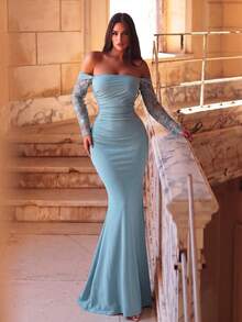 Faeriesty Off-The-Shoulder Ruffle Maxi Dress - Sheer Lace Sleeves, Suitable For Romantic Dates, Anniversary Celebrations, And Formal Dinners Wedding Party - Dusty Blue - View 5