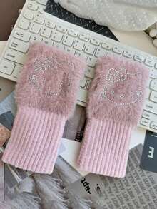 Fingerless Gloves, Women's Fuzzy Plush Rhinestone Half Finger Mittens, Soft Knit Warm Winter Arm Warmers For Daily, Office - Multicolor - View 3