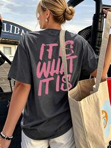 Plus Size Women "It Is What It Is" Letter Print Casual Round Neck Short Sleeve T-Shirt, Reversible Design, Fashion Top, Suitable For Summer, Women's Apparel - Dark Grey - View 10