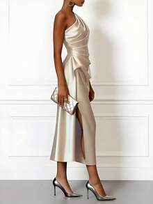 Women's Elegant Spring/Summer Satin One-Shoulder Midi Party Dress, Solid Color Pleated Evening Gown For Wedding Guest Formal Occasions, Suitable For Mother's Day - Apricot - View 4