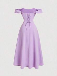 MOD Vestido romántico de un solo hombro con diseño de espina de pescado falso - Morado - Ver 2