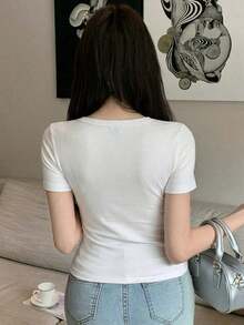 Camiseta casual de verano para mujer con cuello redondo y mangas cortas de color contrastante - Blanco 5 - Ver 5