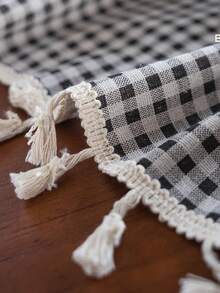 Tokoto Black Gingham Tablecloth With Tassel Fringe, Farmhouse Cotton Linen Table Cover For Dining Table, Nightstand & Coffee Table Decor, Rustic Boho Plaid Style - Black and White - View 10