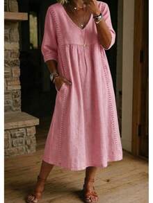 2026 New Casual Loose V-Neck Linen-Cotton Dress With Lace Trim - Yellow - View 9